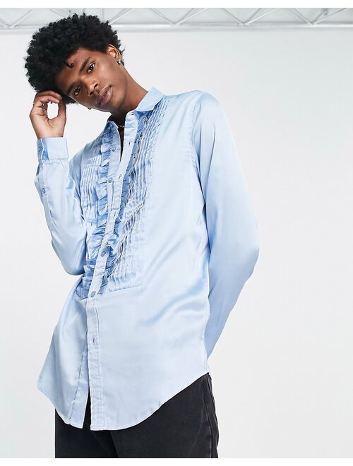 ASOS DESIGN regular satin shirt with 70s ruffle front in blue