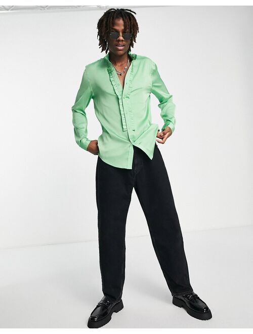 ASOS DESIGN regular satin shirt with ruffle front in bright green - MGREEN