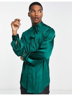 satin shirt with tie neck and blouson volume sleeve in jewel green