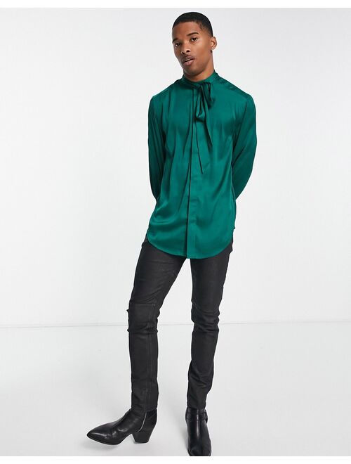 ASOS DESIGN satin shirt with tie neck and blouson volume sleeve in jewel green