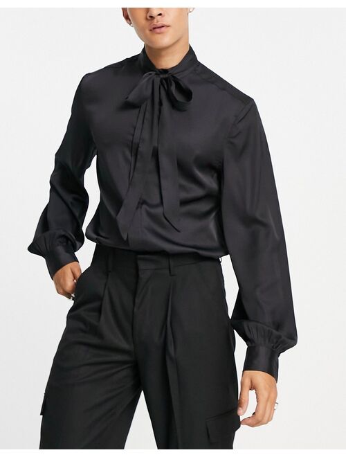 ASOS DESIGN satin shirt with tie neck and blouson volume sleeve in black