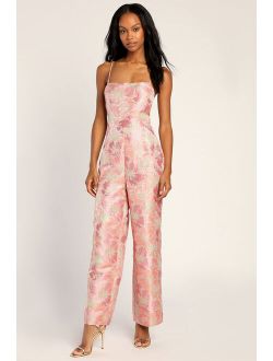 Always in Fashion Pink Floral Metallic Jacquard Lace-Up Jumpsuit