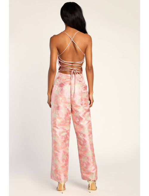 Lulus Always in Fashion Pink Floral Metallic Jacquard Lace-Up Jumpsuit