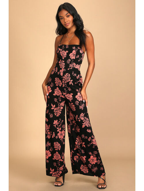 Lulus Vineyard Vibes Black Floral Print Lace-Up Jumpsuit