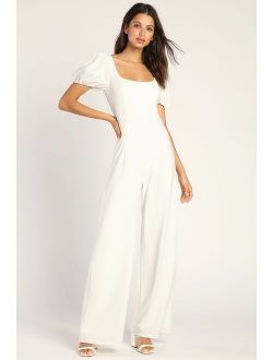 With a Puff White Puff Sleeve Lace-Up Wide-Leg Jumpsuit