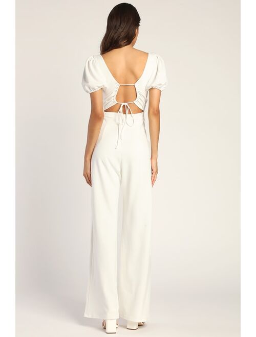 Lulus With a Puff White Puff Sleeve Lace-Up Wide-Leg Jumpsuit
