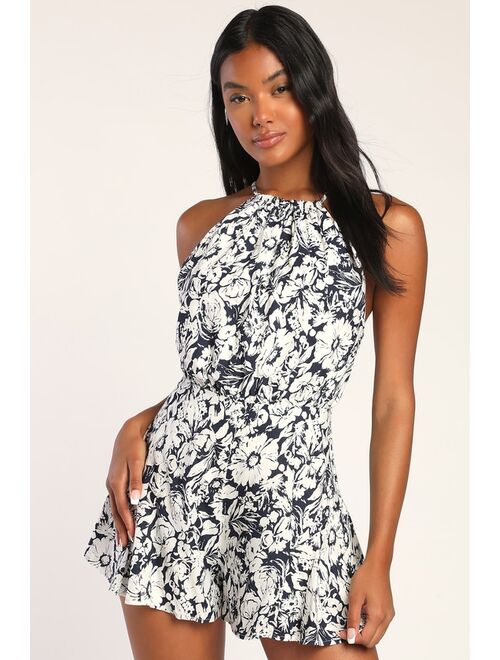 Lulus Floral Frenzy Navy Blue Floral Print Tie-Back Halter Romper