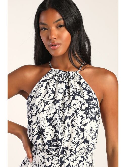Lulus Floral Frenzy Navy Blue Floral Print Tie-Back Halter Romper