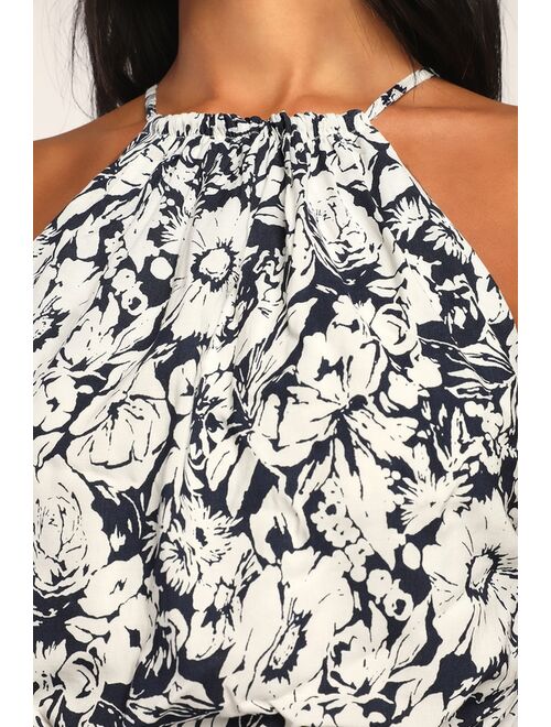 Lulus Floral Frenzy Navy Blue Floral Print Tie-Back Halter Romper