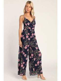 Flowering Expression Navy Blue Floral Ruffled Wide-Leg Jumpsuit