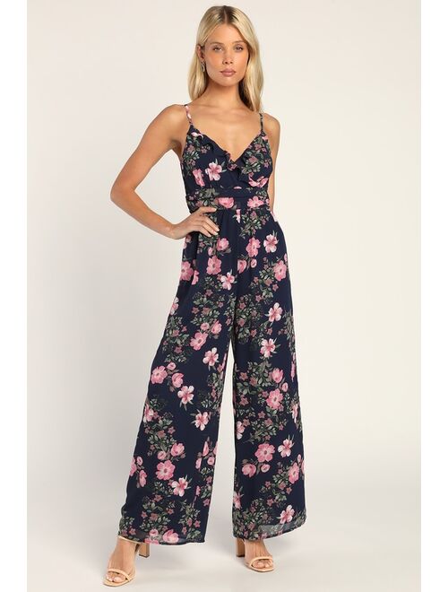 Lulus Flowering Expression Navy Blue Floral Ruffled Wide-Leg Jumpsuit