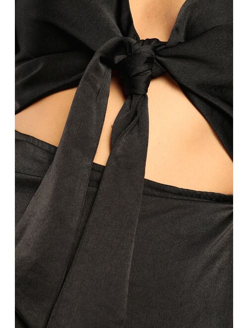 Lulus Total Winner Black Satin Tie-Front Cutout Short Sleeve Romper