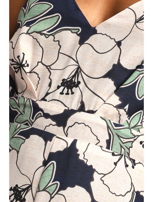 Lulus Getaway Girl Navy Blue Floral Print Backless Jumpsuit