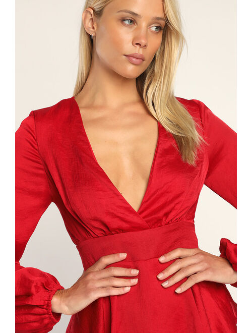 Lulus Tier for the Show Red Crinkle Satin Tiered Skort Romper