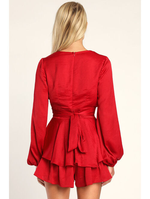 Lulus Tier for the Show Red Crinkle Satin Tiered Skort Romper