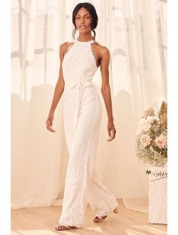 My Only One White Lace Halter Wide-Leg Jumpsuit