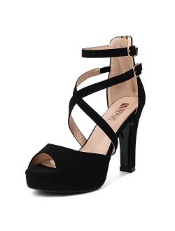 Women's IN5 Charcy Crisscross Strappy Platform High Chunky Heels Peep Toe Pump Party Heeled Sandals