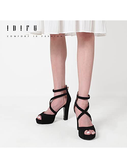 IDIFU Women's IN5 Charcy Crisscross Strappy Platform High Chunky Heels Peep Toe Pump Party Heeled Sandals