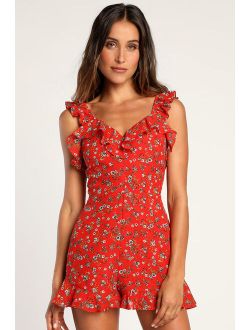 Passionate Petals Red Floral Print Ruffled Open Back Romper