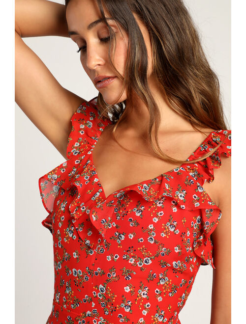 Lulus Passionate Petals Red Floral Print Ruffled Open Back Romper