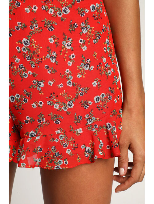 Lulus Passionate Petals Red Floral Print Ruffled Open Back Romper