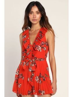 Loved By You Red Orange Floral Print Pleated Chiffon Romper
