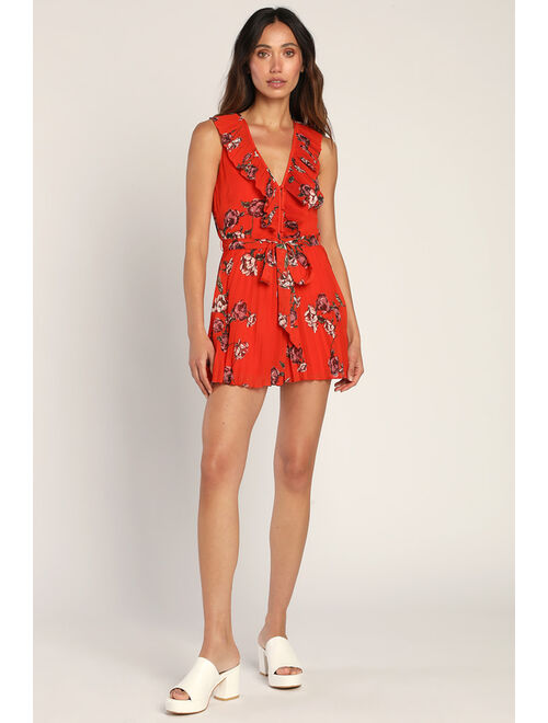 Lulus Loved By You Red Orange Floral Print Pleated Chiffon Romper