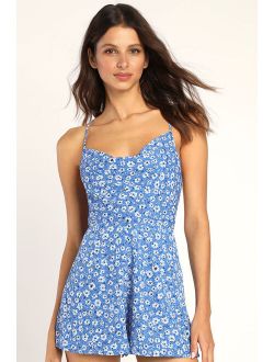 Sweet Affection Blue Floral Print Backless Lace-Up Romper