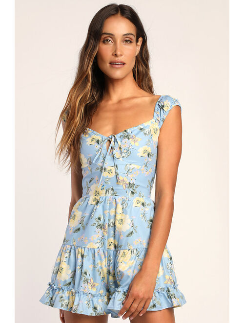 Lulus Fit to Frill Light Blue Floral Print Tiered Romper