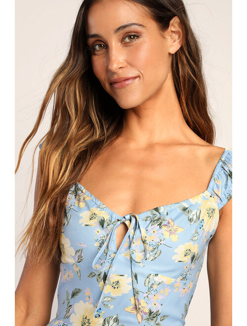 Lulus Fit to Frill Light Blue Floral Print Tiered Romper