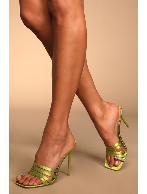 Lulus Juen Lime Satin Rhinestone High Heel Slide Sandals