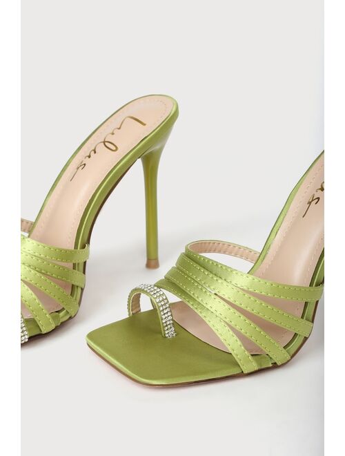 Lulus Juen Lime Satin Rhinestone High Heel Slide Sandals