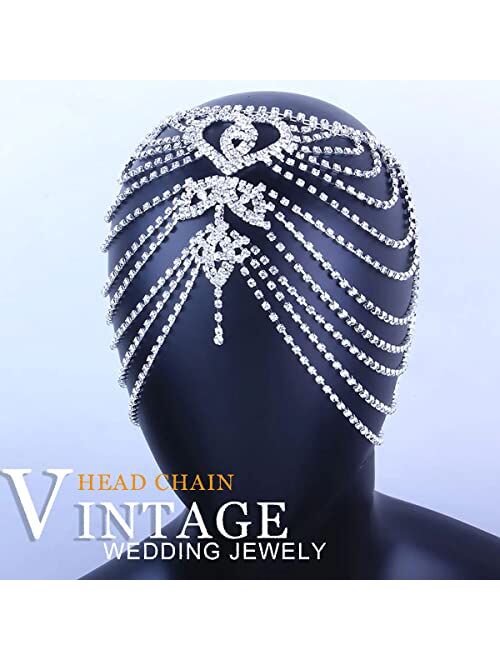 StoneFans Heart Rhinestone Head Chain Cap Crystal Flapper Headpiece Cap Roaring 20s Head Jewelry Art Deco Party Wedding Hair Accessories for Women Bridal (Silver)