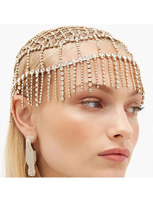 Brinie Rhinestone Tssel Head Chain Jewelry Gold Roaring 20s Cap Headpiece Crystal Flapper Cap Head Jewelry Gatsby Art Deco Party Hair Accesories for Women and Girls (Gold
