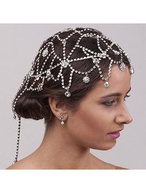 Stonefans Boho Rhinestone Head Chain Jewelry For Women Silver Crystal Bride Hair Chain Headpiece Mesh Cap Pendent Wedding Hair Accessories Party Gift