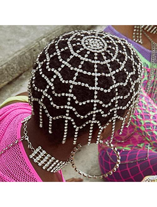 StoneFans Tassel Rhinestone Headpiece Cap Web 1920s Crystal Flapper Head Chain Cap Party Gatsby Hair Accessories for Women