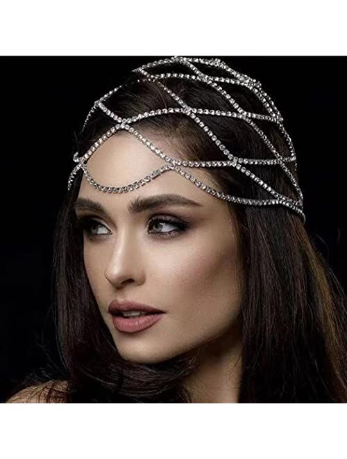 Fdesigner Crytsal Head Chain Silver Cap Headpieces Party Rhinestone Flapper Hairpieces Jewelry Gatsby Belly Dance Cleopatra Hair Accessories for Women