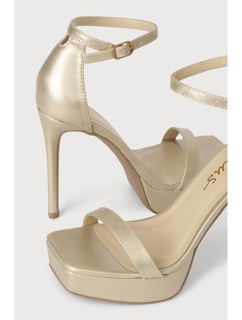 Lulus Dreamyy Gold Square Toe Ankle Strap High Heel Sandals