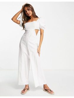 scallop neck jumpsuit with puff sleeves in white