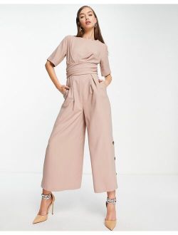 tailored wrap waist wide leg jumpsuit in pink haze
