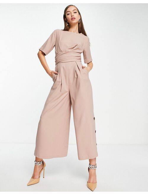 ASOS DESIGN tailored wrap waist wide leg jumpsuit in pink haze