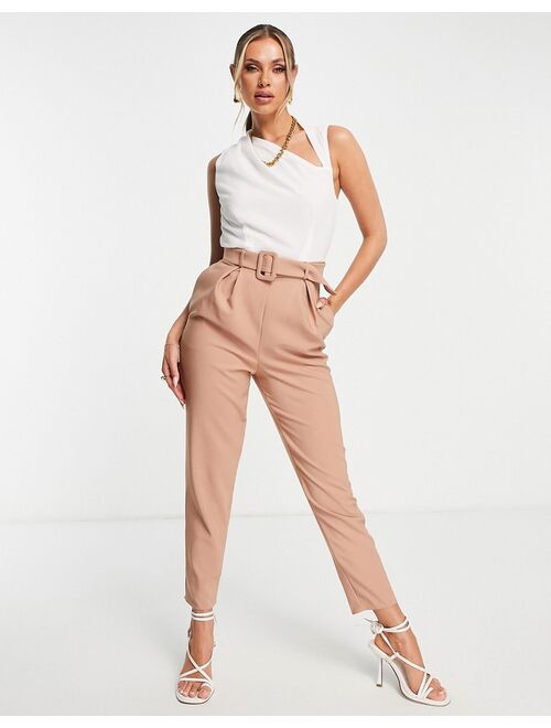 ASOS DESIGN 2-in-1 asymmetric neck chiffon jumpsuit in tea and ivory