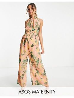 maternity chiffon gathered waist halter jumpsuit in floral print