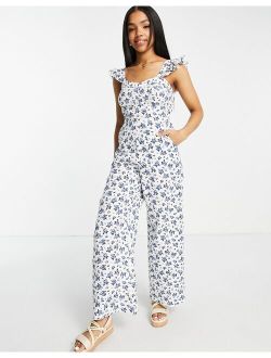 cotton flax frill strap jumpsuit in ivory ditsy