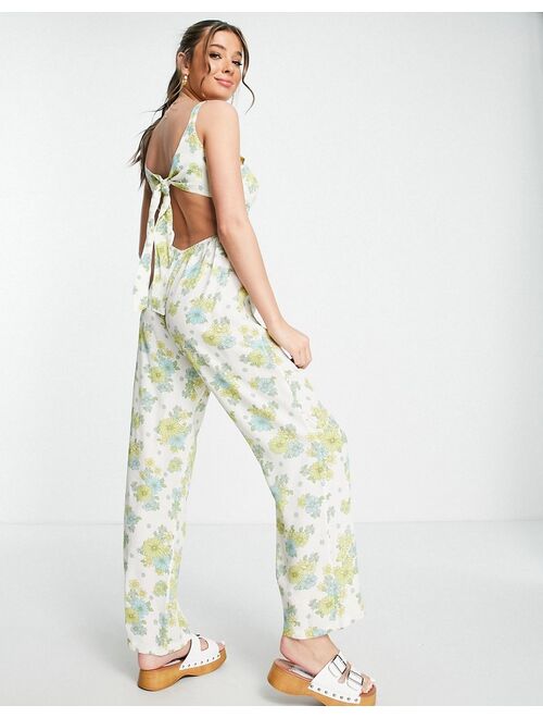 Miss Selfridge cut-out strappy wide leg jumpsuit in green retro floral