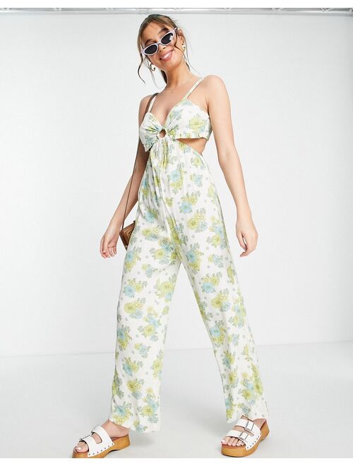 Miss Selfridge cut-out strappy wide leg jumpsuit in green retro floral