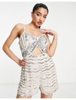 Premium embellished butterfly romper in silver