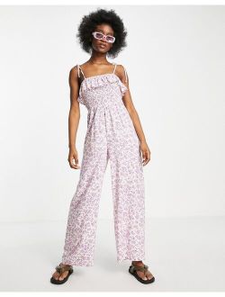 shirred strappy jumpsuit in lilac ditsy