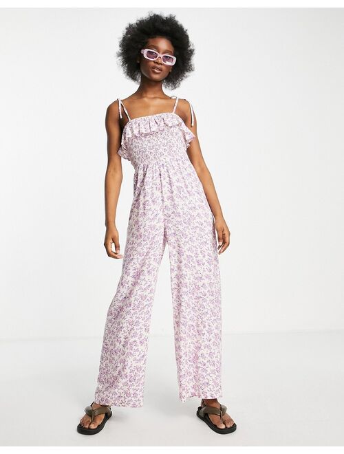 Miss Selfridge shirred strappy jumpsuit in lilac ditsy