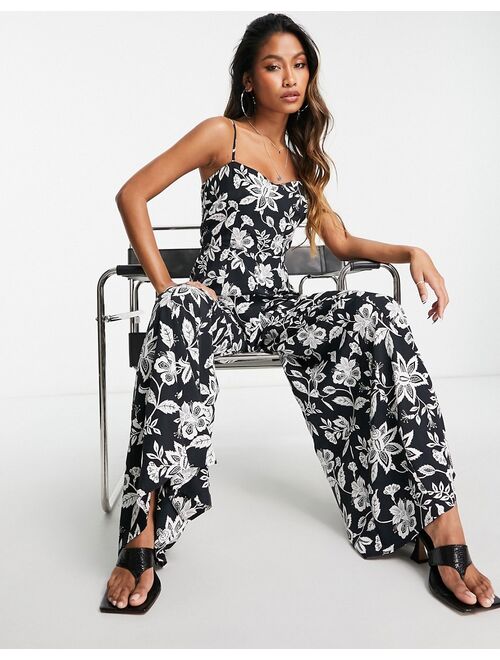 Topshop casual large floral square neck jumpsuit in mono